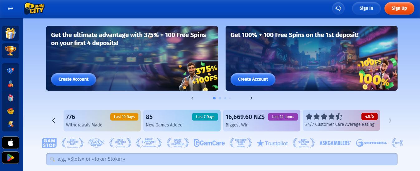 Visit SpinCity Casino homepage and spin your way to 375% bonus plus 100 Free Spins on first four deposits
